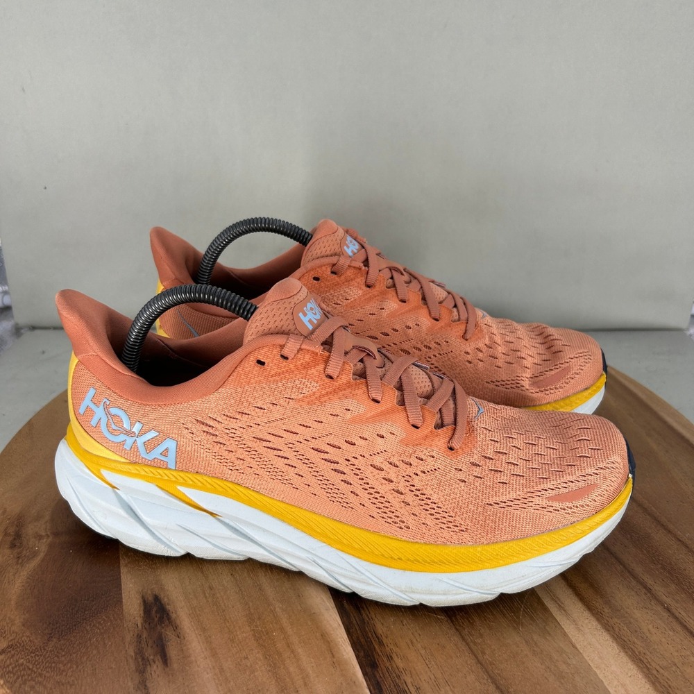 Hoka One One Clifton 8 Womens Running Shoes Orange Yellow 1119394 SBSCR Size 11B